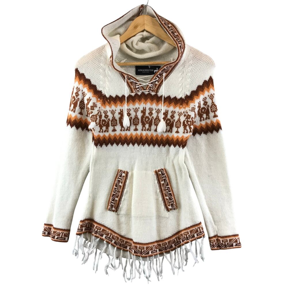 Womens Alpaca connection Knit Hooded Pullover Sweater Fringe Brown Folk Boho S